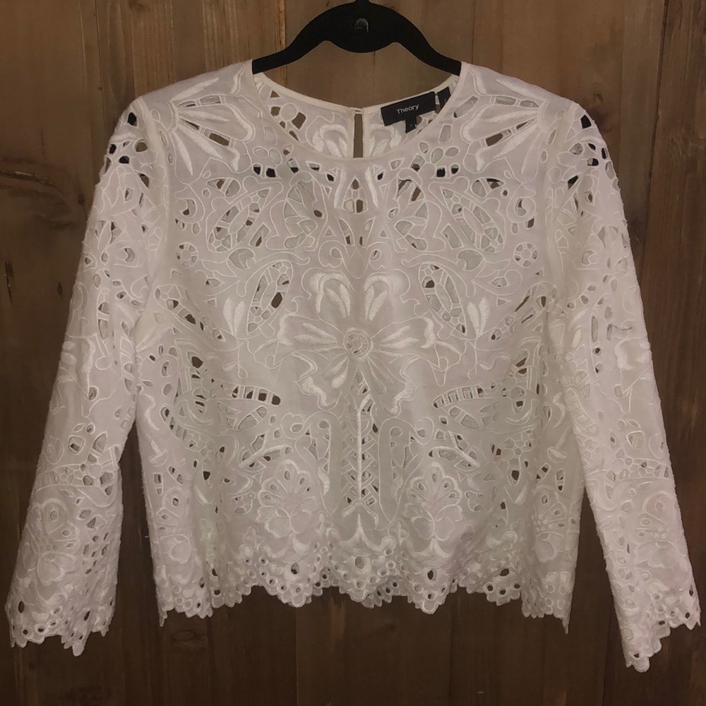 Theory Brand Blouse Size Small Cotton White Unique cutout pattern Sleeves